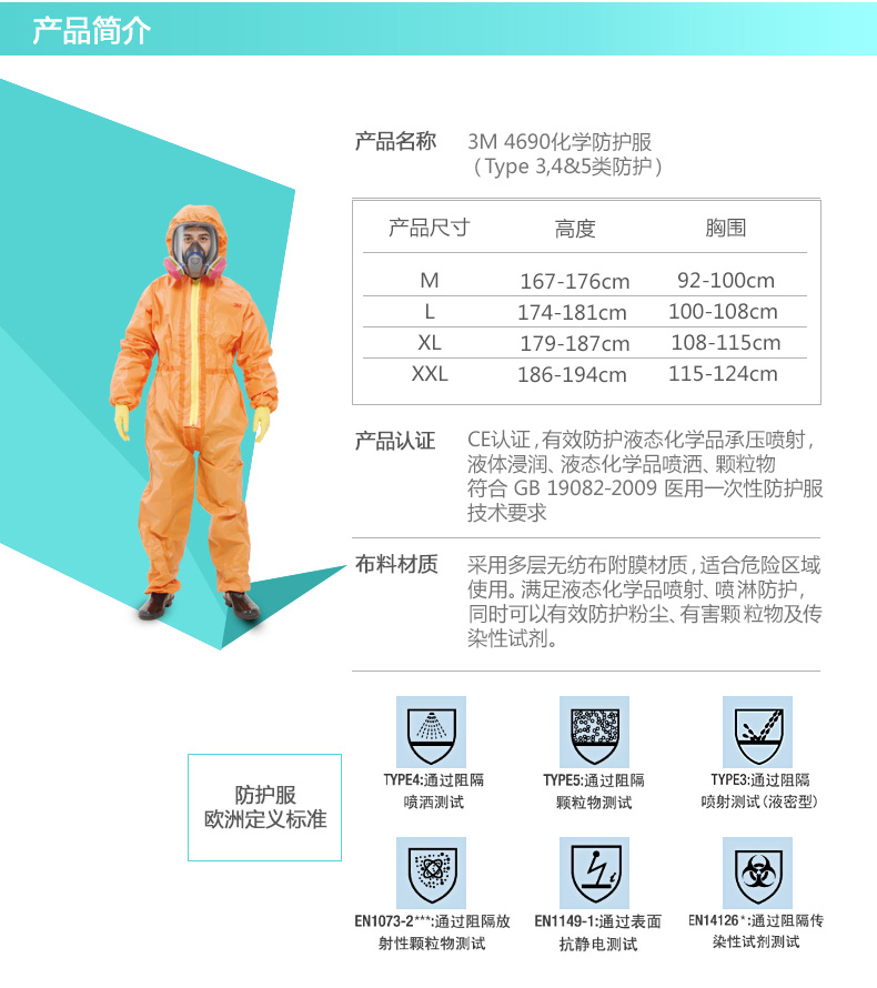 3m 4690化学防护服防化服 防硫酸喷漆耐酸碱工作服隔离全身防辐射